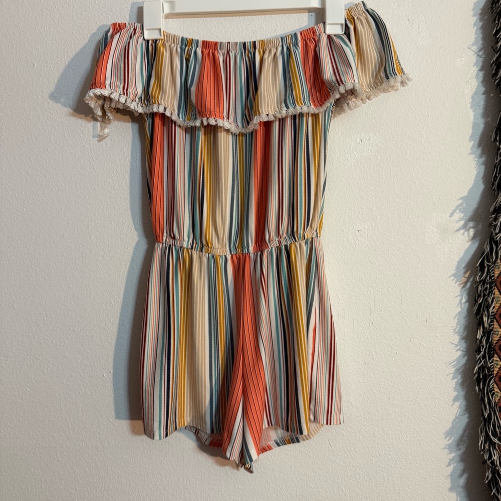☀️ Derek Heart • Multi-Color Stripe Off-Shoulder Romper • Women’s Medium